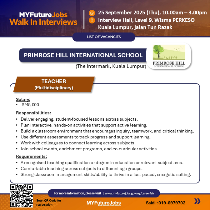 Walk-In Interview MYFutureJobs Primrose Hill International School, 25 September 2024