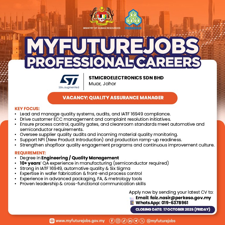 ๐ข Hiring: QA Manager โ Muar, Johor