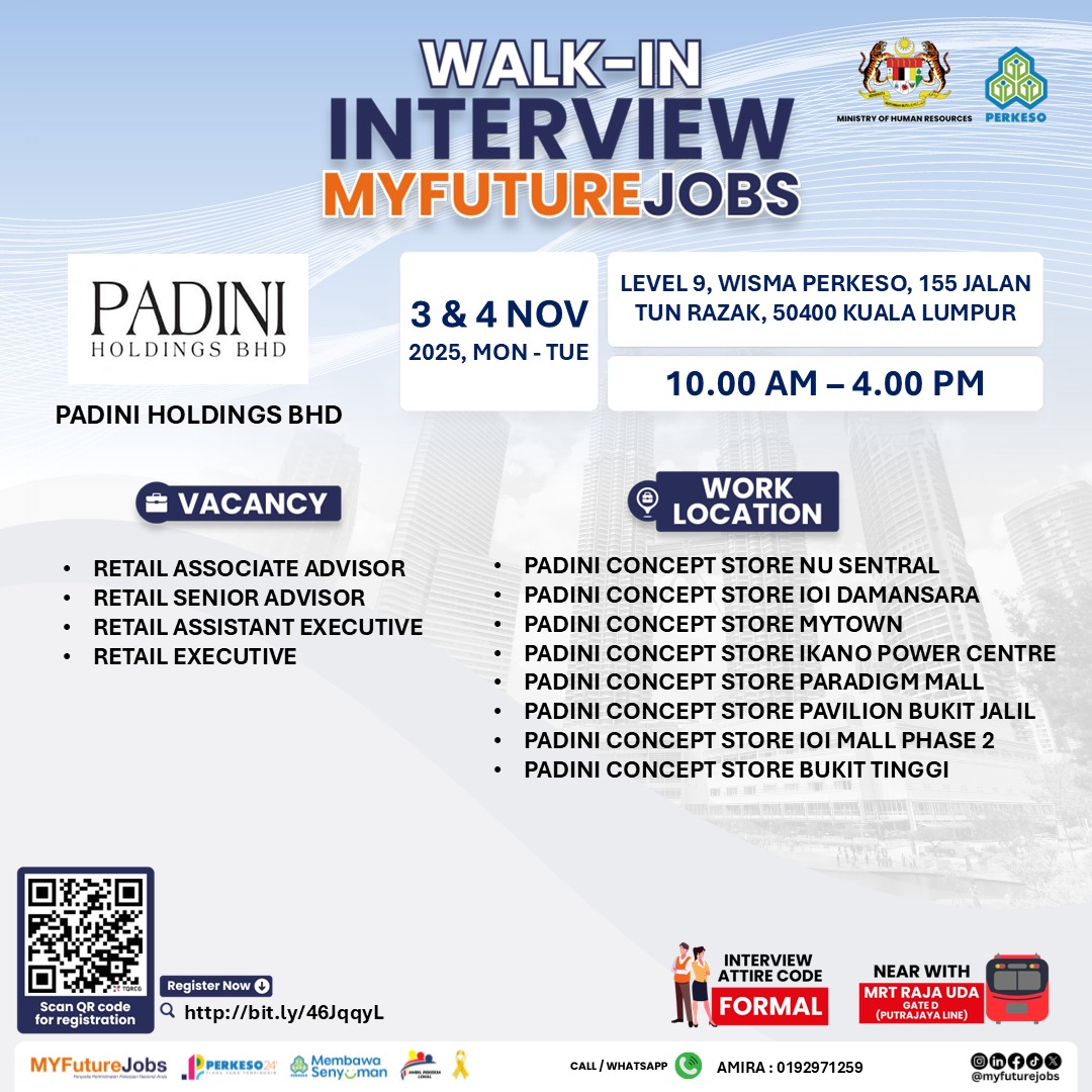 WALK-IN INTERVIEW MYFUTUREJOBS with PADINI HOLDINGS BERHAD