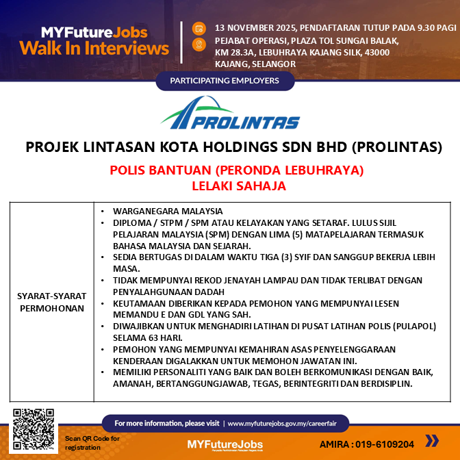 WALK IN INTERVIEW MYFUTUREJOBS BERSAMA PROJEK LINTASAN KOTA HOLDINGS SDN BHD (PROLINTAS)