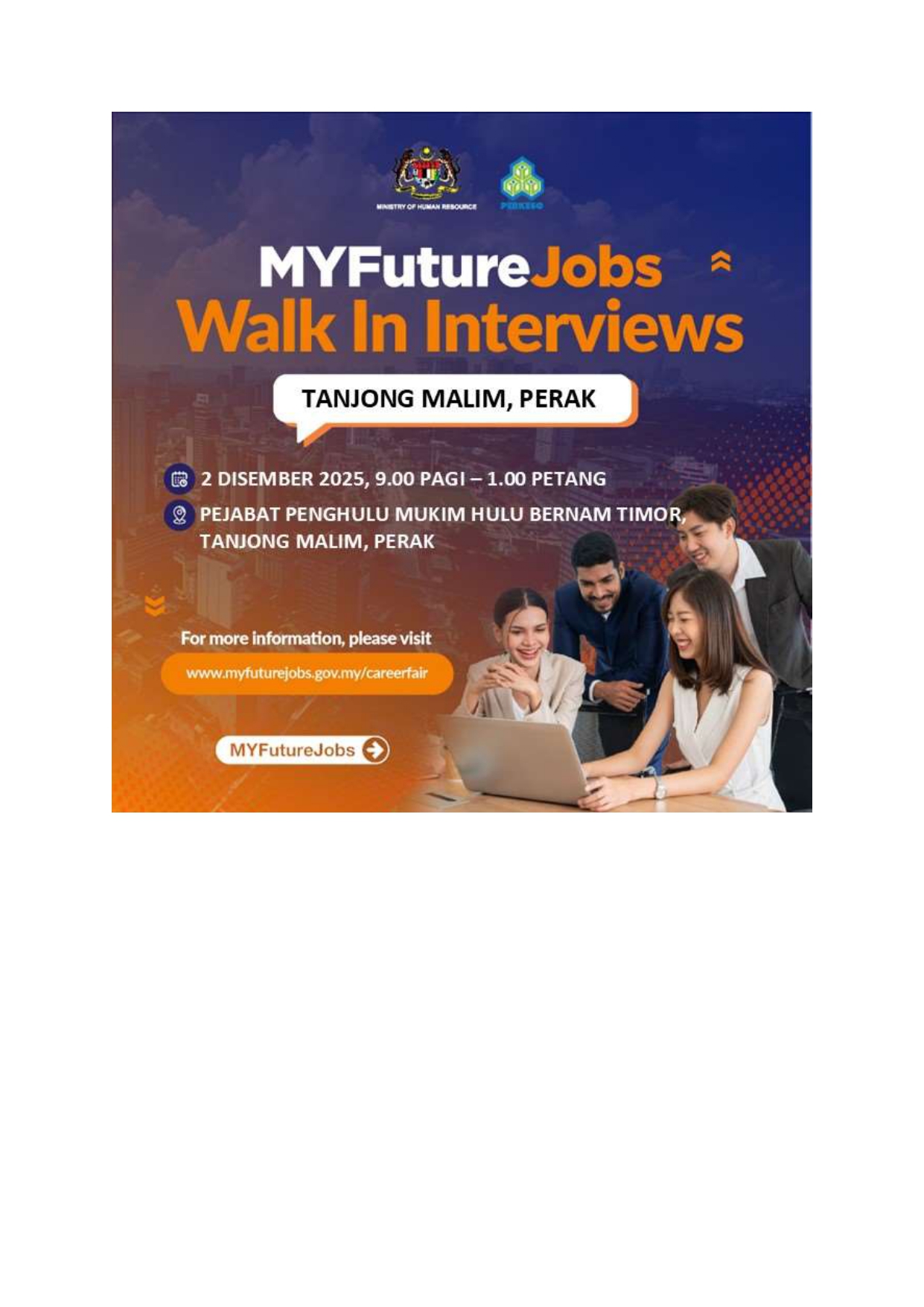 🔊[Makluman Program MYFutureJobs Walk In Interview (Case Management) Anjuran Pejabat Perkeso Tapah]