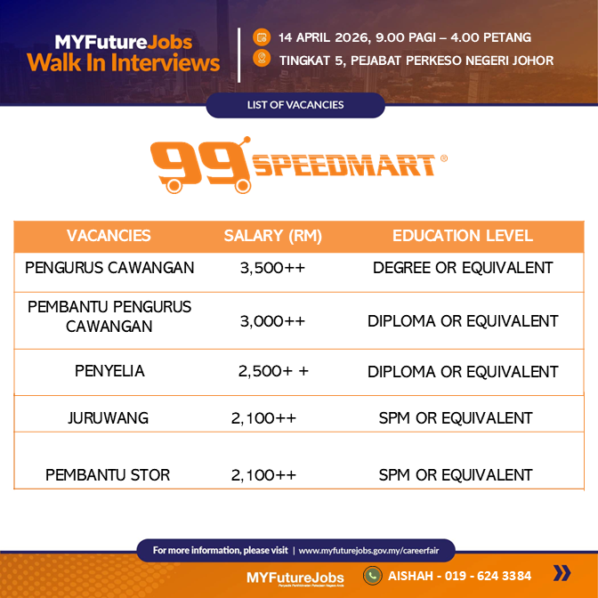 MYFUTUREJOBS WALK-IN INTERVIEW JOHOR WITH 99 SPEEDMART SDN. BHD.