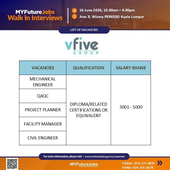 WALK-IN INTERVIEW MYFUTUREJOBS PERKESO KUALA LUMPUR @VFIVE GROUP SDN BHD‼️🔊🔊🔊